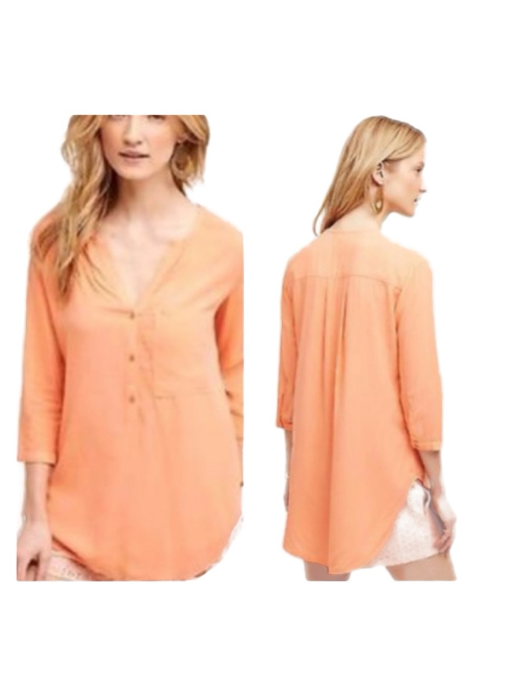 cloth & stone Hi Low Quarter Button Front Three Quarter Sleeve V-neck Tunic 🟠